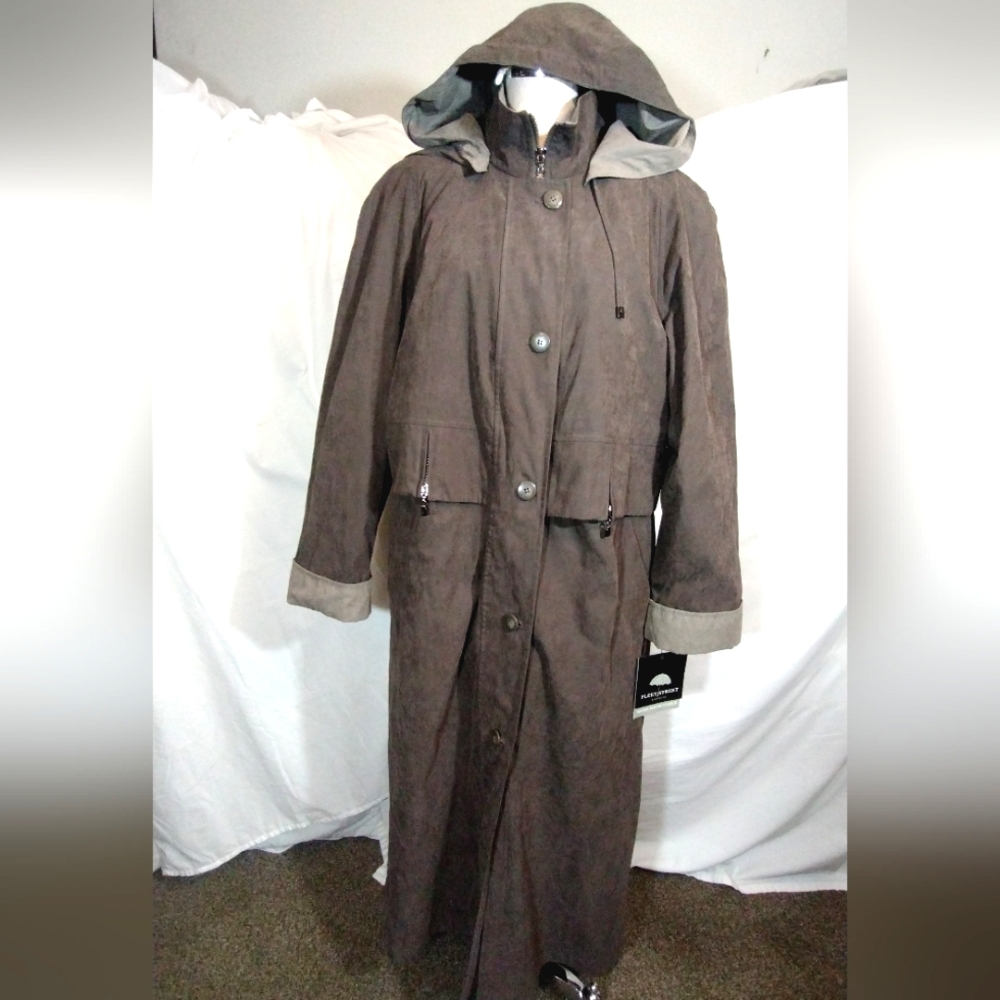Fleece Street TAG brown trench coat, women microfiber/zip lining/pckts, hood, 14